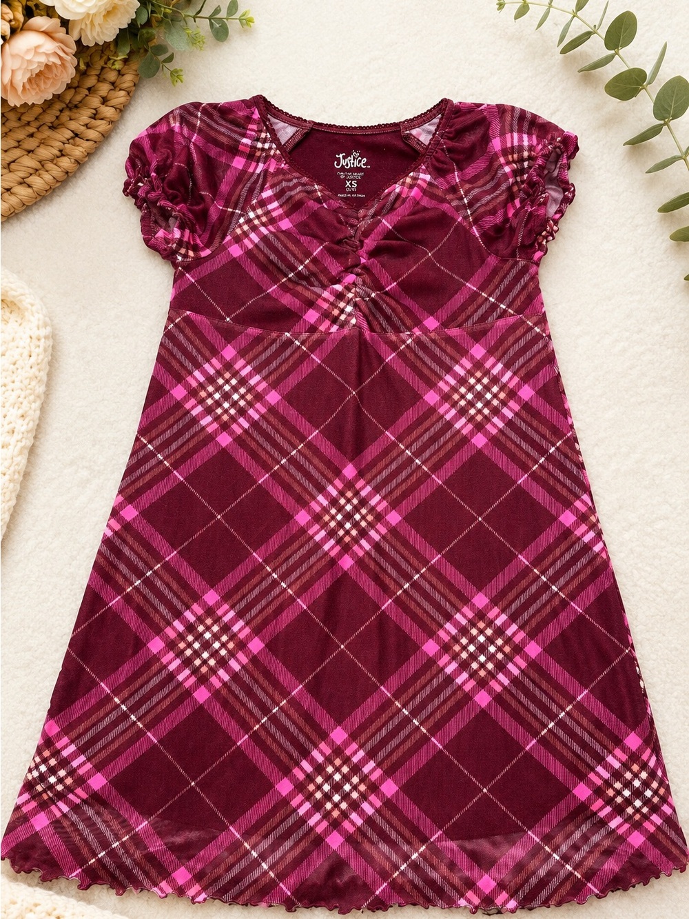 Justice Girls Burgundy and Pink Plaid Nightgown